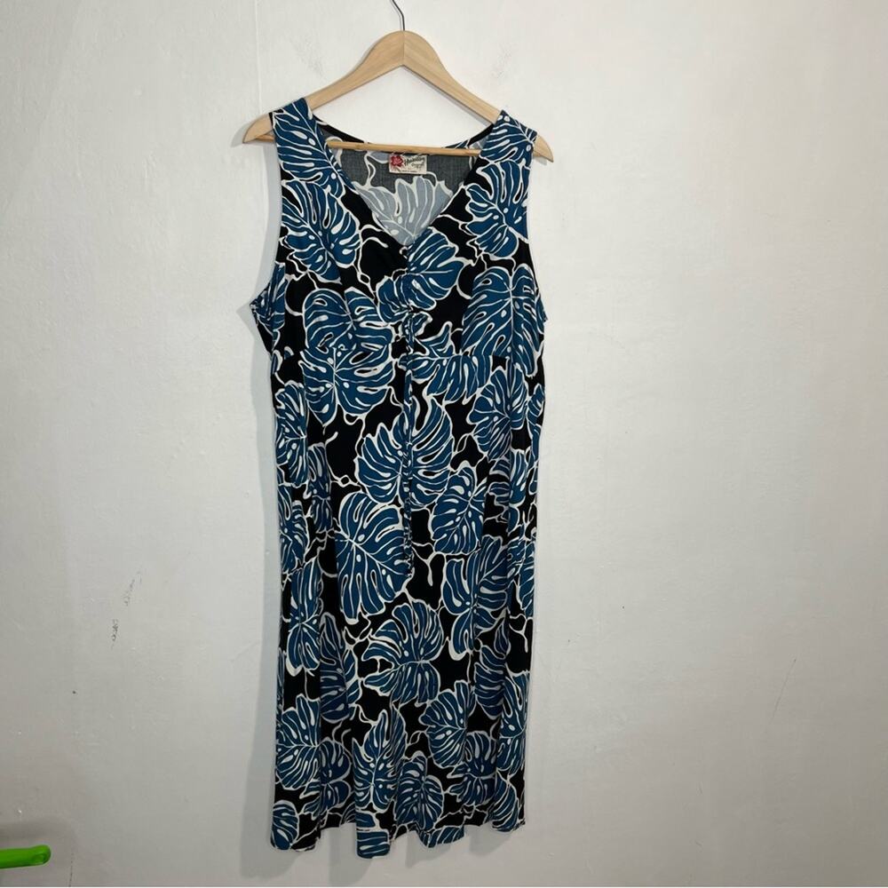 Vintage Hilo Hattie Blue Palm Leaf Haywain Tropical Cover up Beach Dress Size XL